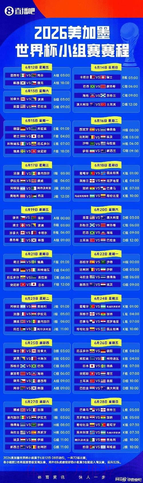 2026世界杯小组赛赛程一览全程直播官网入口